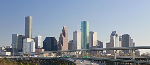 Intersection of Interstate I-10 and I-45 with the Houston skylin